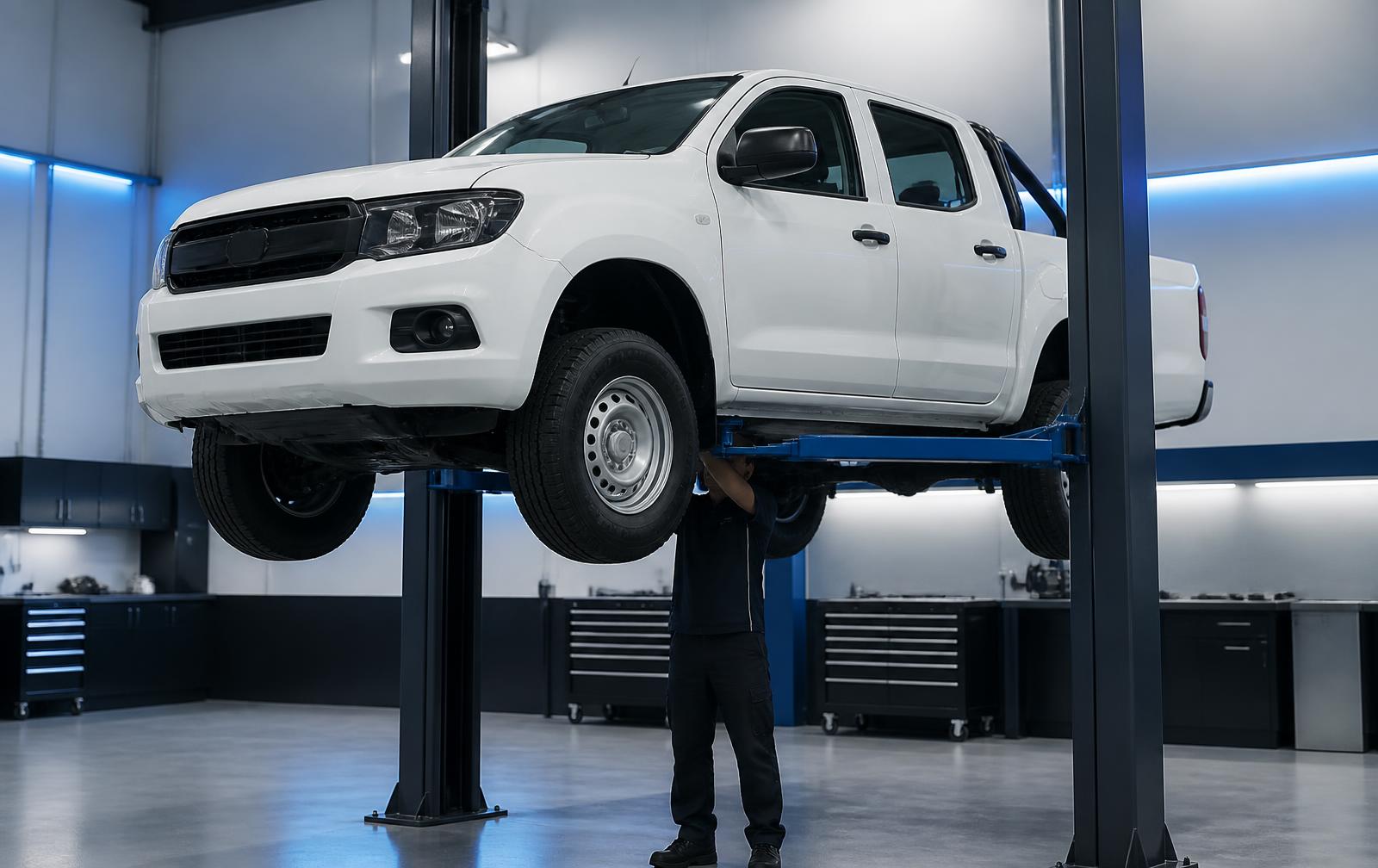 Bakkie raised on a workshop lift while a technician works underneath