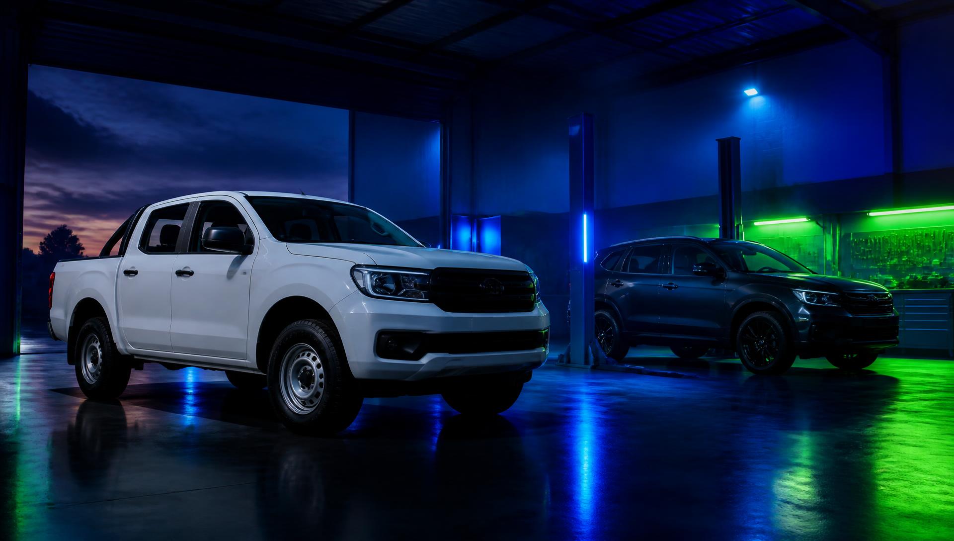 Bakkie and SUV in a workshop at dusk