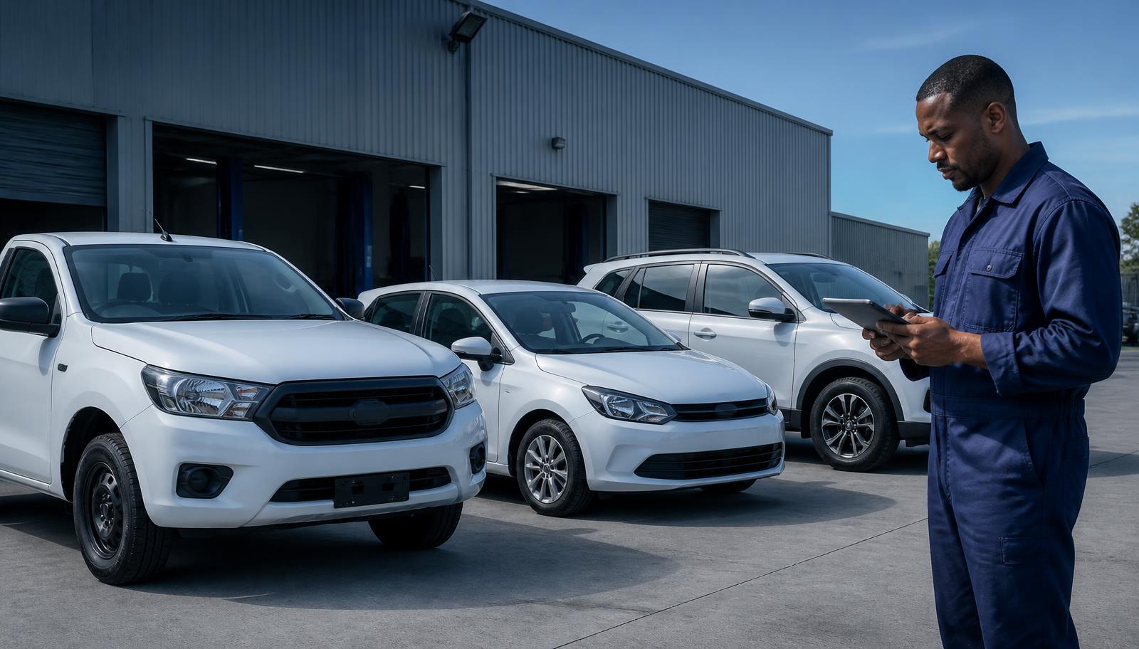 Bakkie, hatchback and SUV lined up outside a service centre